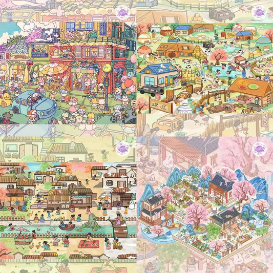 Plus Floral Series – 3D Miniature Sticker Scenes - 4 Theme Sets: Street Corner Flower Shop | Peach Blossom Villa | Prairie Farmhouse | Ancient Town