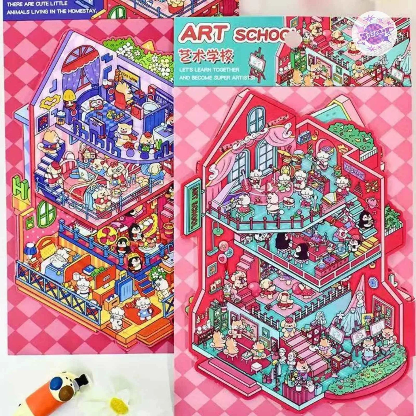 Plus Flip-Top Series – 3D Miniature Sticker Scenes - 2 Theme Sets: Art School | Cozy Inn