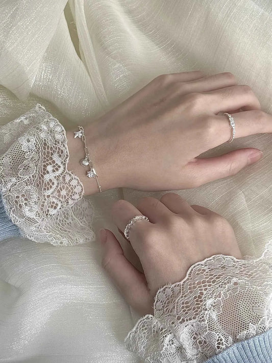 "South of France Holiday" S925 Sterling Silver Seashell and Starfish Bracelet with Fish and Star Ring - Summer, Unique, and Cool Chic