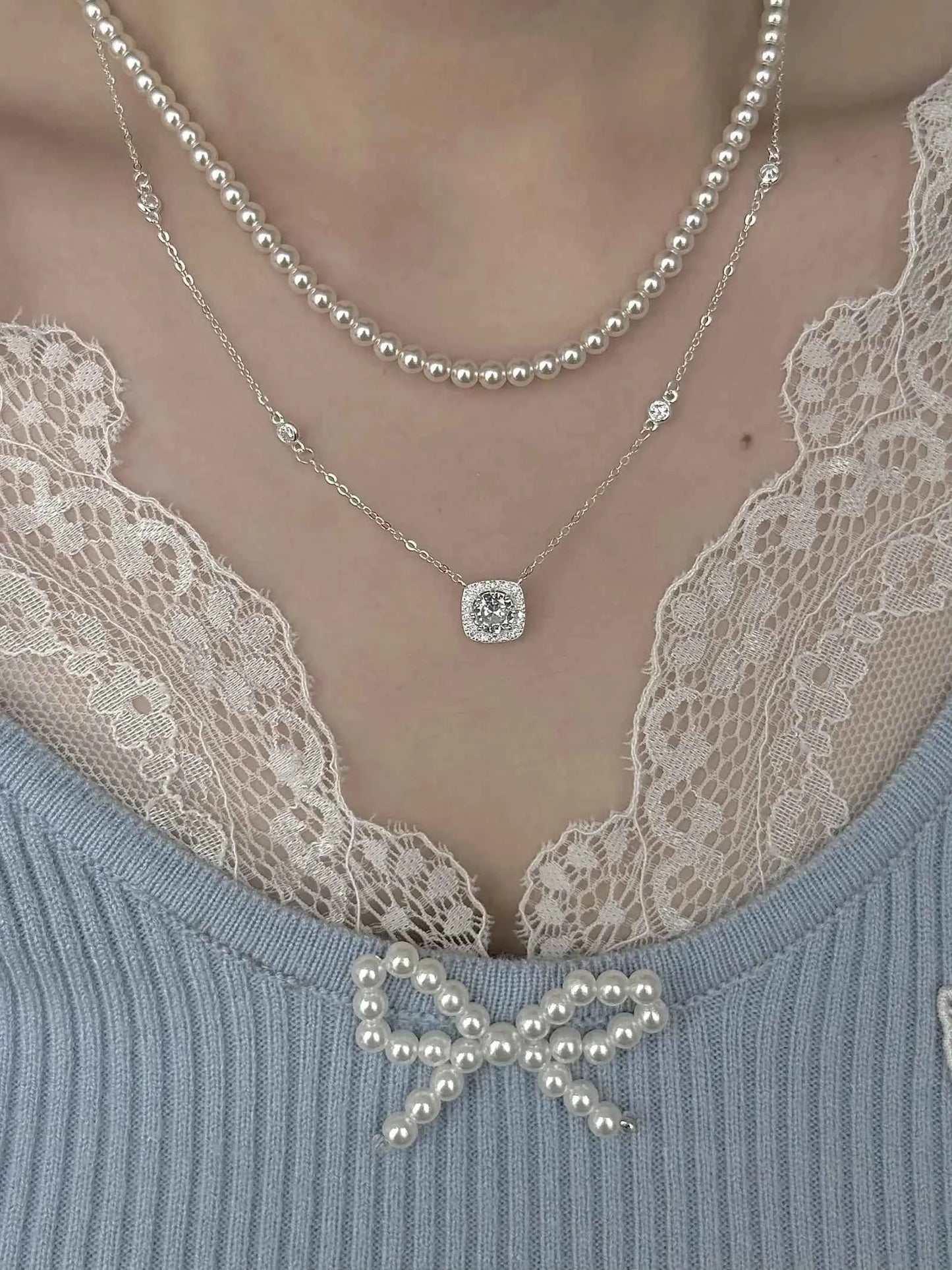 "Oil Painting Maiden" 925 Sterling Silver Cube Sugar Diamond and Pearl Vintage Layered Necklace - Low Luxury, Elegant, and Refined