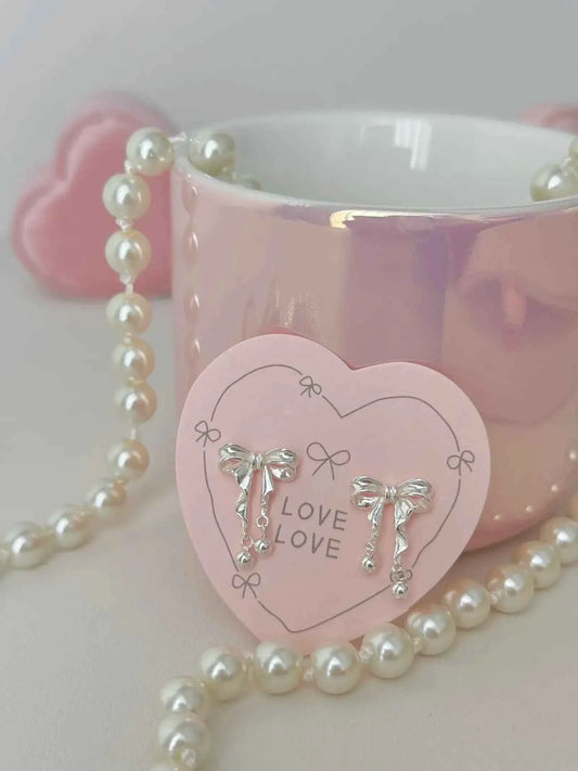 "Dancing Ballet" 999 Pure Silver 3D Bowknot and Silver Ball Stud Earrings - Elegant, Graceful, and Unique