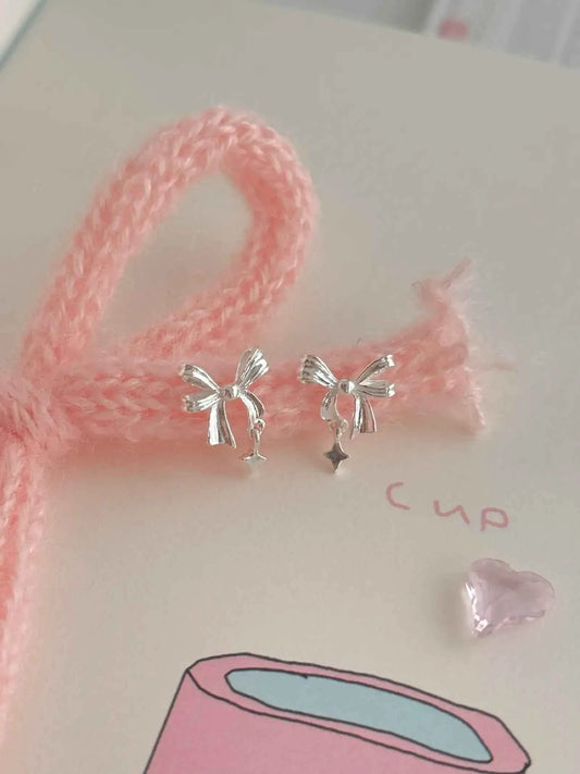 "Ballet Skirt" 999 Pure Silver Hollow Bowknot and Star Stud Earrings - Graceful, Delicate, and Unique