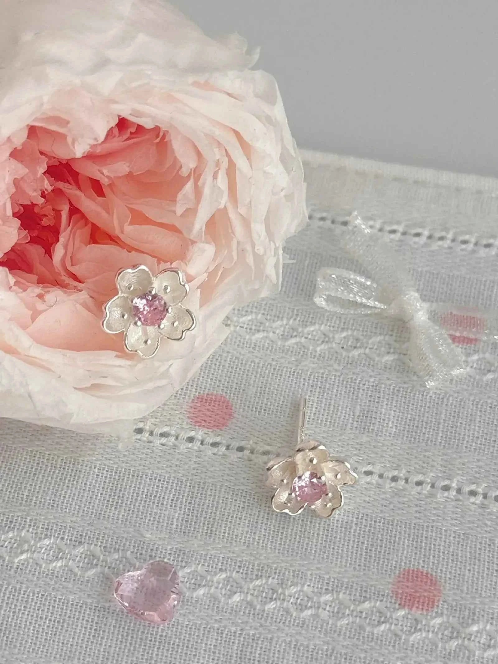 "Cherry Blossom Delight" 999 Pure Silver Sakura Stud Earrings with Artificial Gems - Elegant, Delicate, and Unique