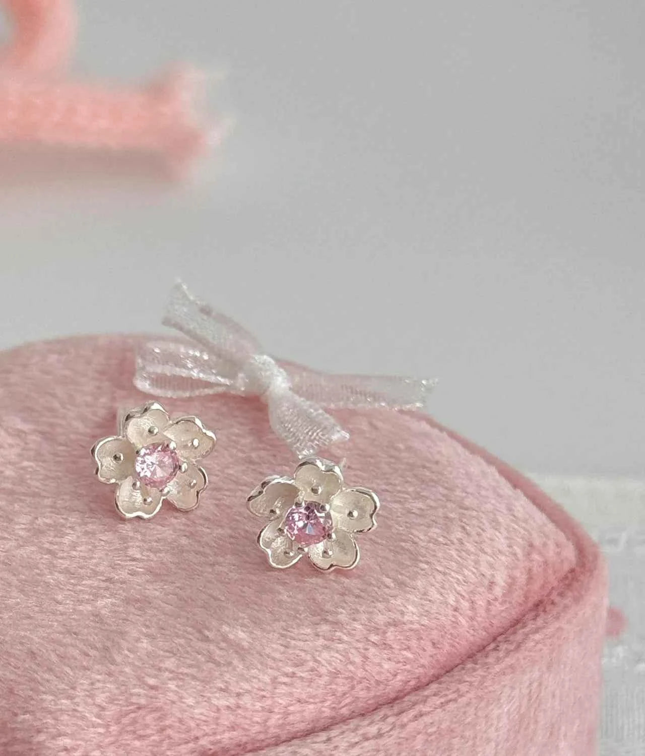 "Cherry Blossom Delight" 999 Pure Silver Sakura Stud Earrings with Artificial Gems - Elegant, Delicate, and Unique