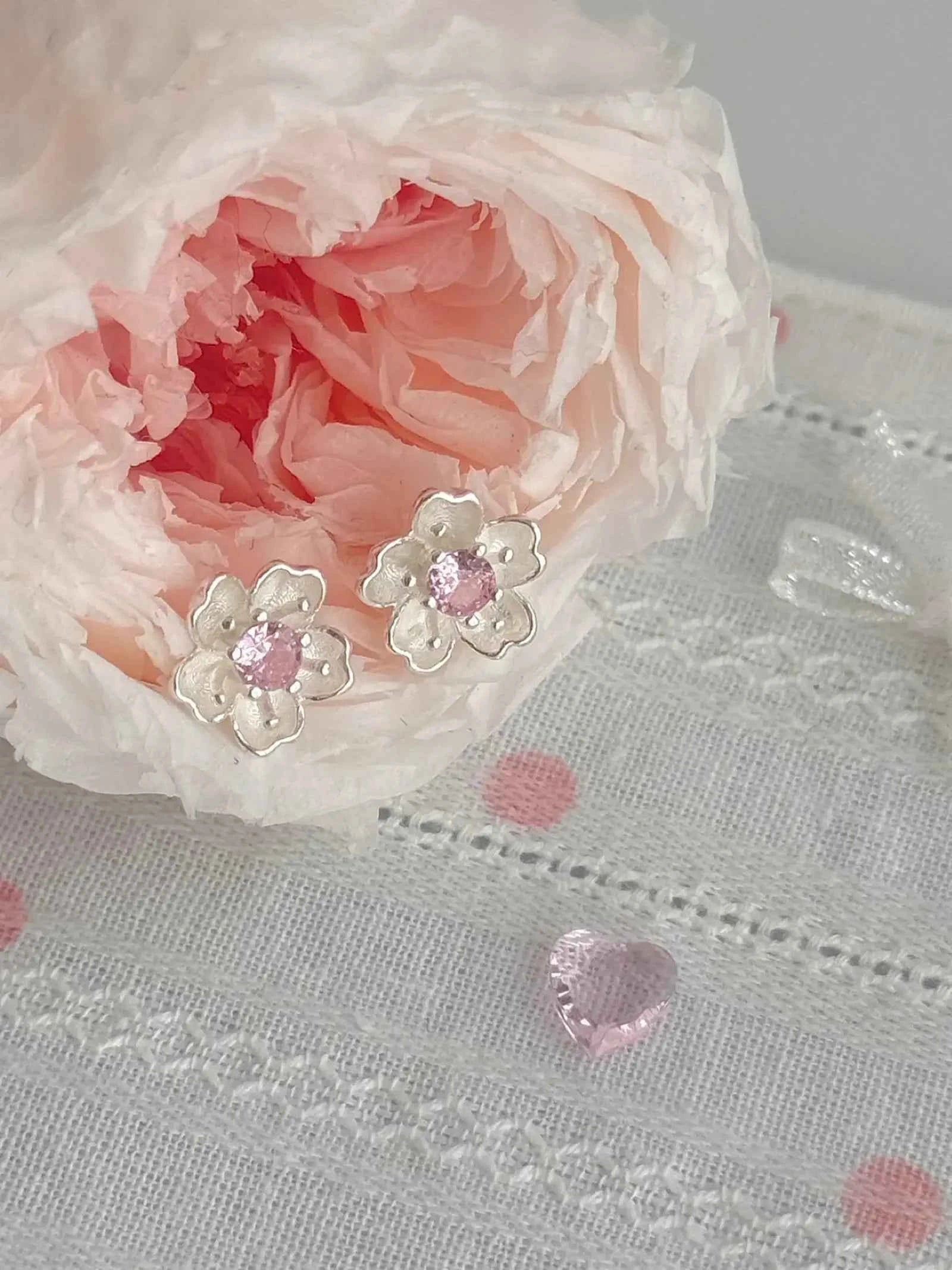 "Cherry Blossom Delight" 999 Pure Silver Sakura Stud Earrings with Artificial Gems - Elegant, Delicate, and Unique