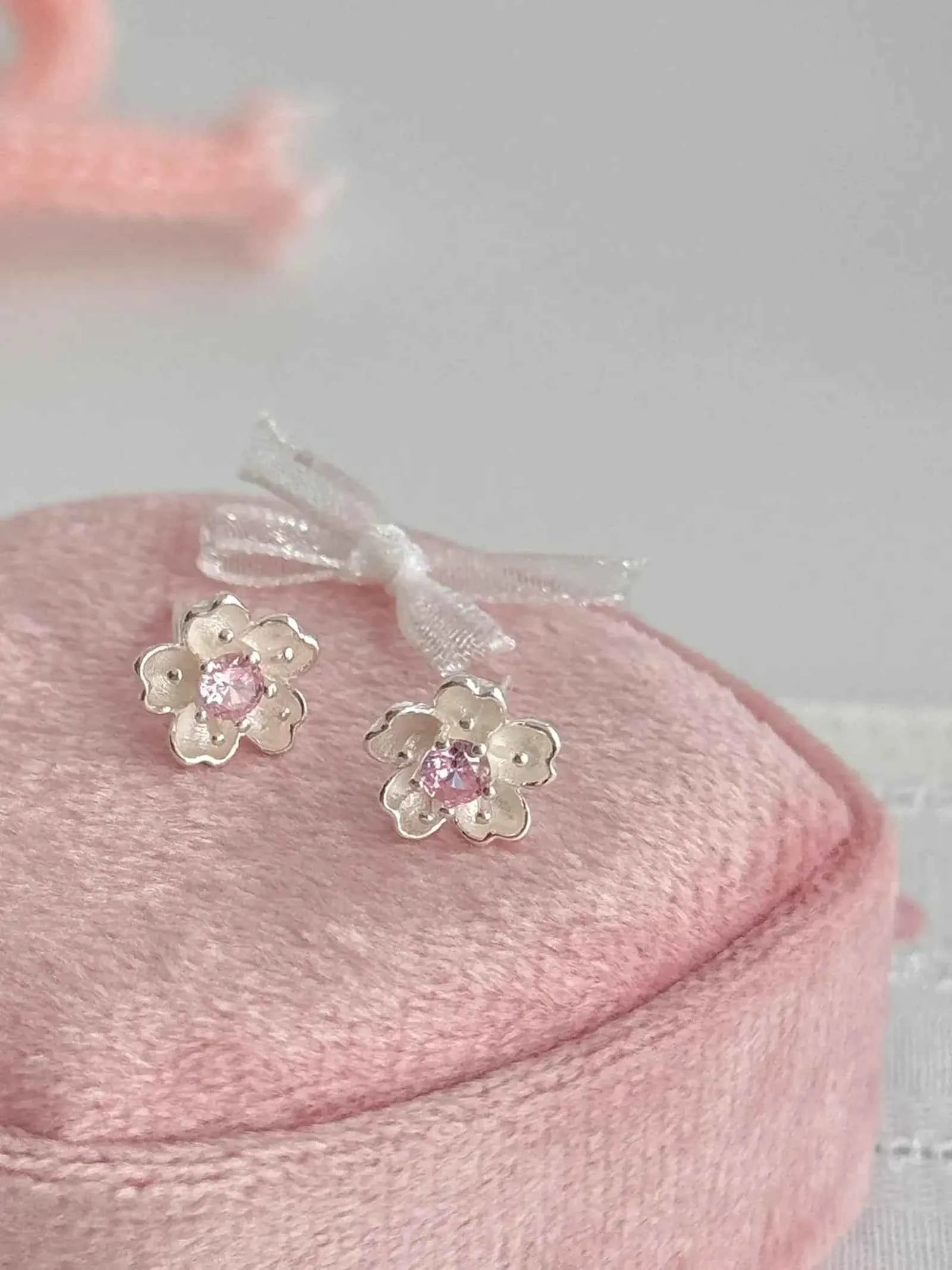 "Cherry Blossom Delight" 999 Pure Silver Sakura Stud Earrings with Artificial Gems - Elegant, Delicate, and Unique