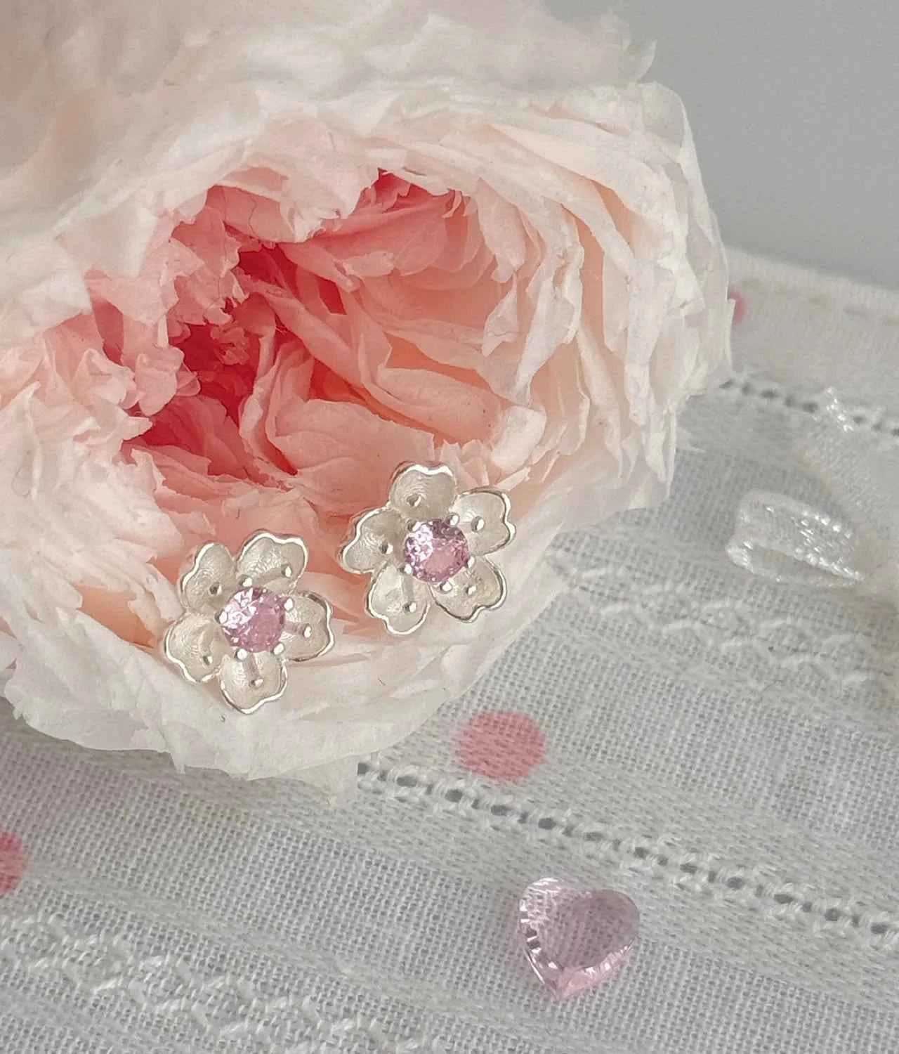 "Cherry Blossom Delight" 999 Pure Silver Sakura Stud Earrings with Artificial Gems - Elegant, Delicate, and Unique