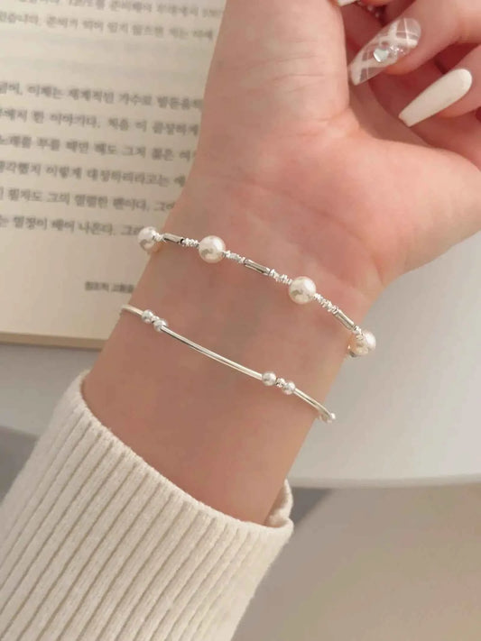 "Bamboo Bubble" 925 Sterling Silver Bamboo and Pearl Bracelet - Delicate, Elegant, and Versatile