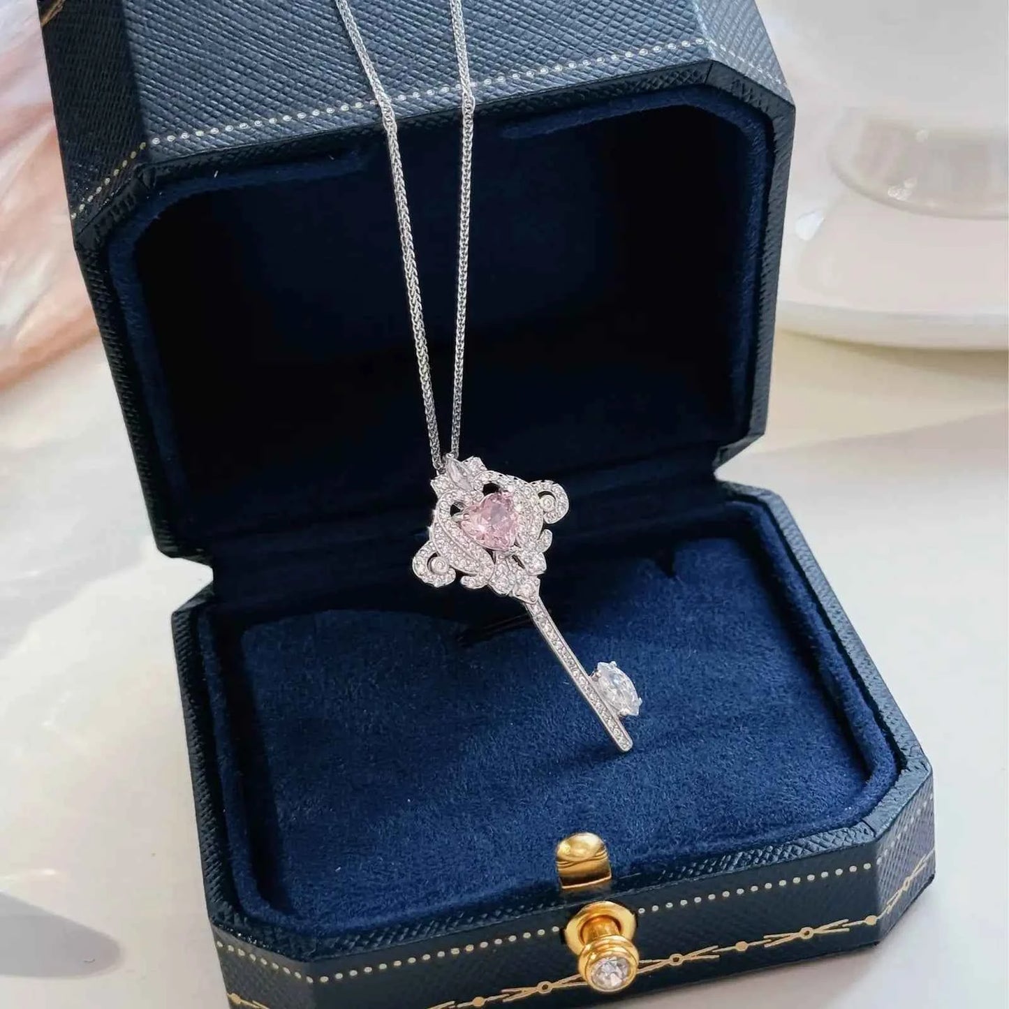 "Princess Key" 925 Sterling Silver Necklace with Pink Zircon - Sweet, Elegant, and Royal