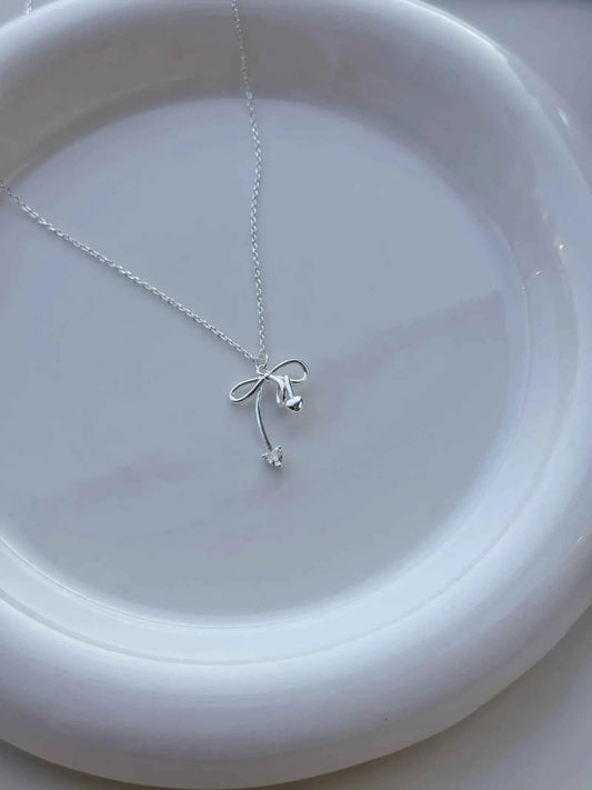 "Charming Bow Cherry" 925 Sterling Silver Zircon Necklace - Delicate, Elegant, and Unique