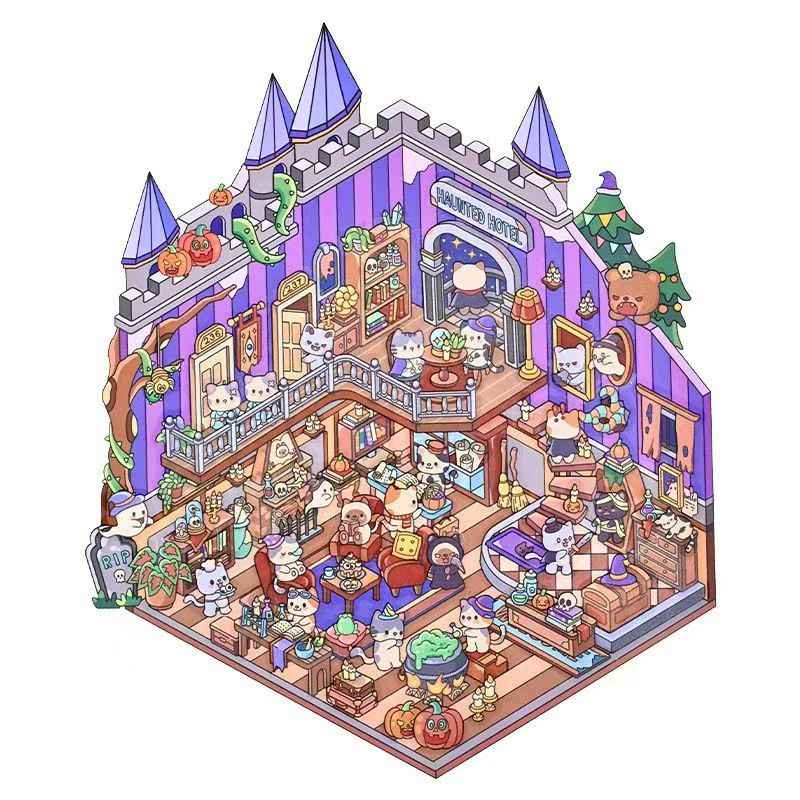 Plus Halloween Hotel & Neon Punk – 3D Miniature Sticker Scenes - 2 Theme Sets: Halloween Hotel | Neon Punk
