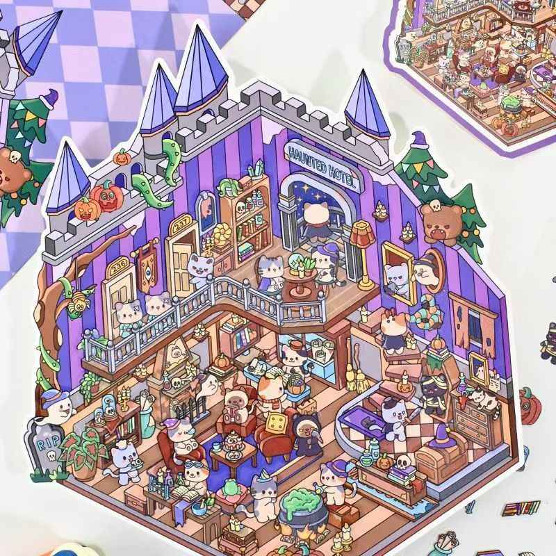 Plus Halloween Hotel & Neon Punk – 3D Miniature Sticker Scenes - 2 Theme Sets: Halloween Hotel | Neon Punk