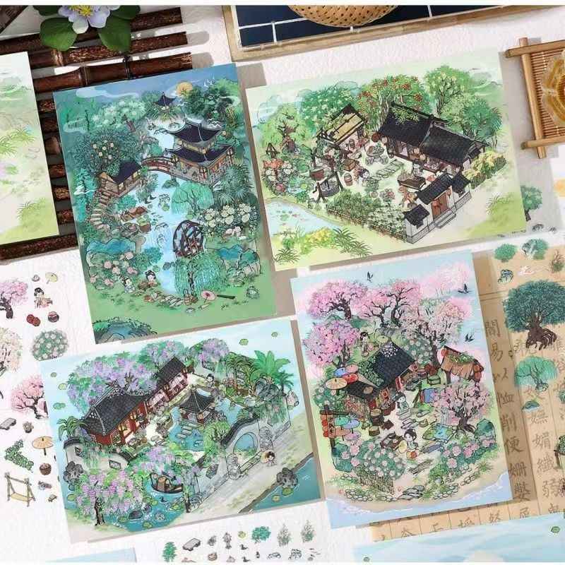 My Ancient Style House 4.0 – 3D Miniature Sticker Scenes - 4 Theme Sets: Farmhouse Courtyard | Peach Tree Courtyard | Waterfront Courtyard | Lotus Pond Courtyard