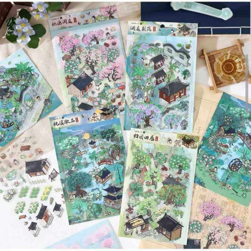 My Ancient Style House 4.0 – 3D Miniature Sticker Scenes - 4 Theme Sets: Farmhouse Courtyard | Peach Tree Courtyard | Waterfront Courtyard | Lotus Pond Courtyard