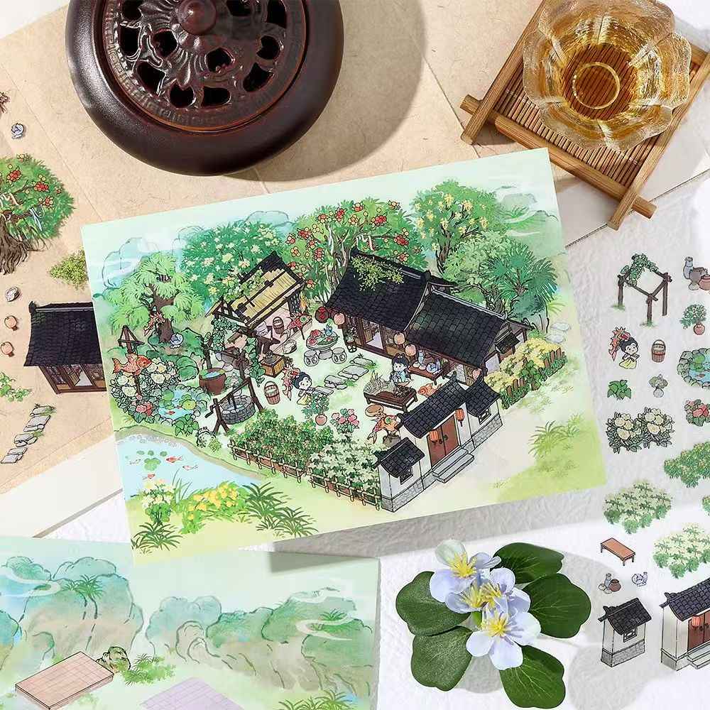 My Ancient Style House 4.0 – 3D Miniature Sticker Scenes - 4 Theme Sets: Farmhouse Courtyard | Peach Tree Courtyard | Waterfront Courtyard | Lotus Pond Courtyard