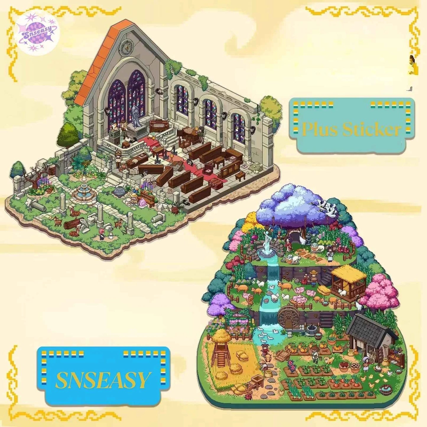 Original Plus Pixel Style 2.0 – 3D Miniature Sticker Scenes - 2 Theme Sets: Cloud-Hidden Cliff | Temple of Time