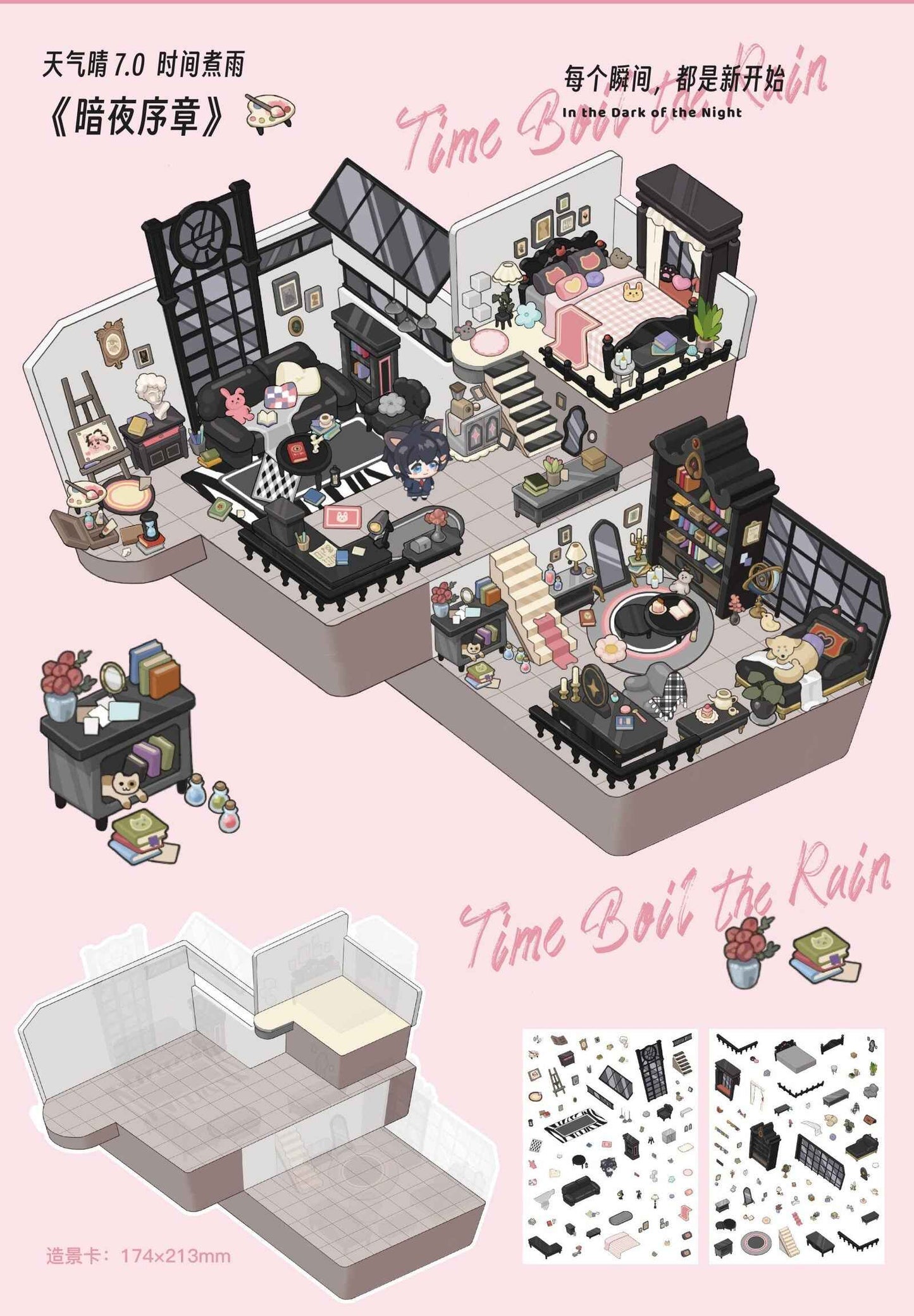 Beautiful Spring 7.0 – 3D Miniature Sticker Scenes - 4 Theme Sets: Black Pink Room | Light Pink Room | Rainforest Room | European Room
