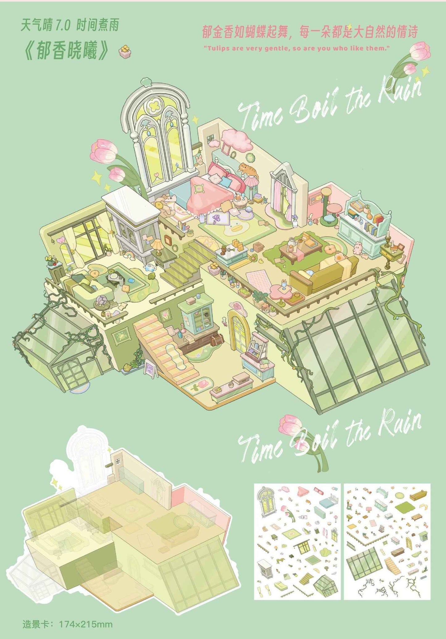 Beautiful Spring 7.0 – 3D Miniature Sticker Scenes - 4 Theme Sets: Black Pink Room | Light Pink Room | Rainforest Room | European Room