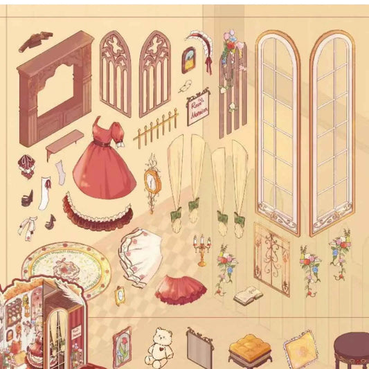 Plus Sweet Dream Dollhouse – Foldable 3D Miniature Sticker Scenes - 2 Theme Sets: Rose Manor | Green Vineyard Courtyard
