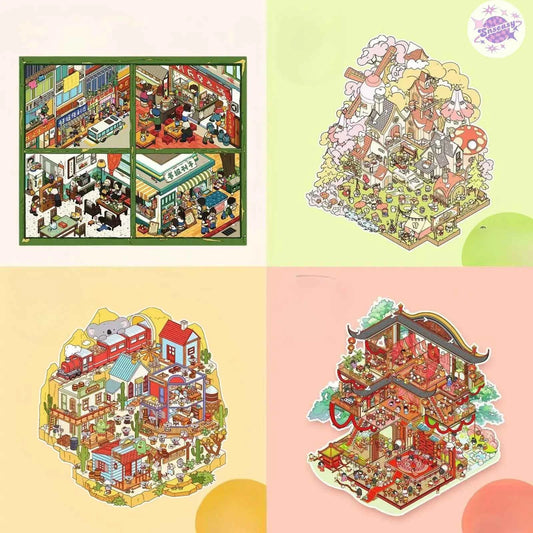 Plus Millennium Series – 3D Miniature Sticker Scenes - 6 Theme Sets: Millennium Era | Western Town | Miracle Commercial Street | Ge Ge Wedding | Ge Ge Garden Party | Forest Camping