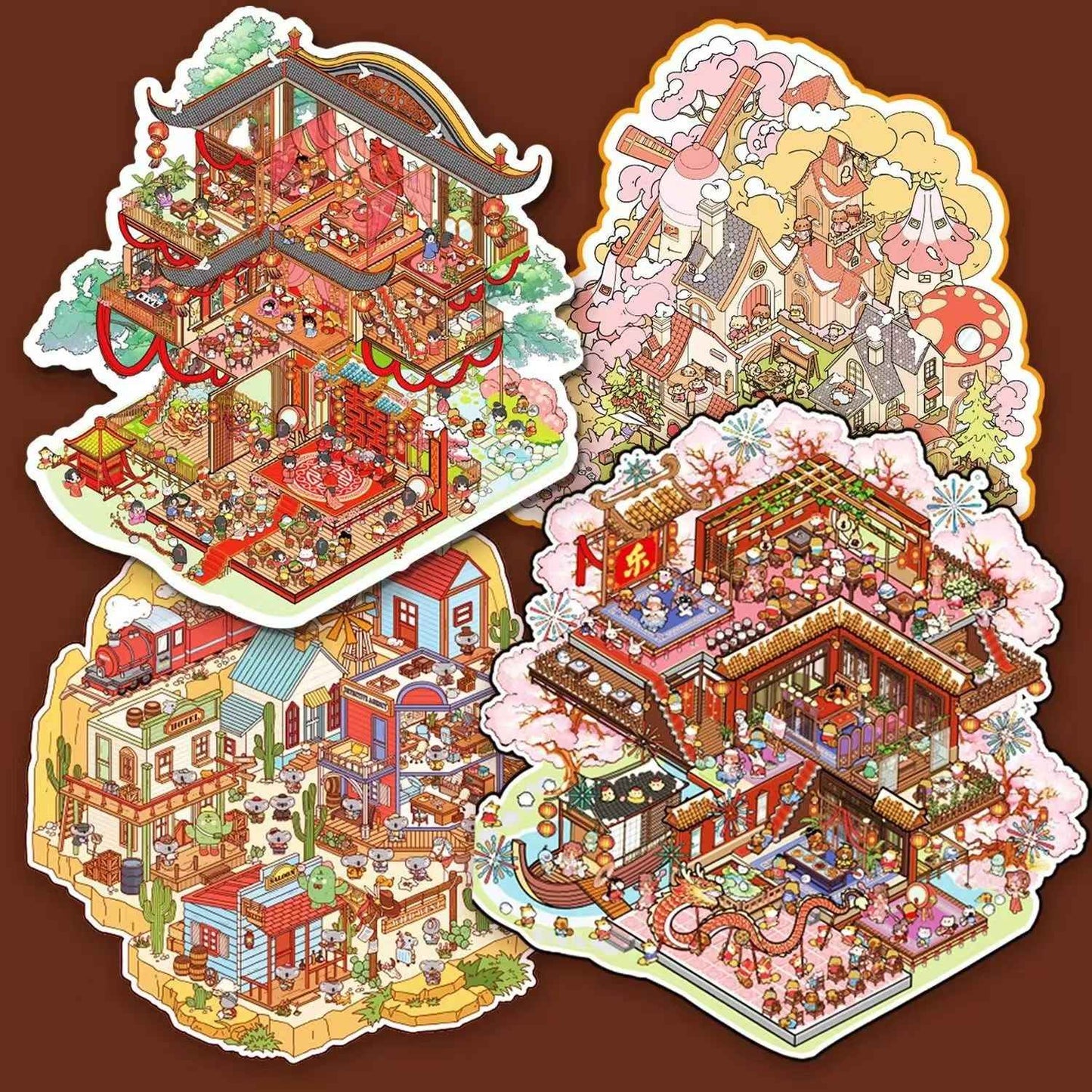 Plus Millennium Series – 3D Miniature Sticker Scenes - 6 Theme Sets: Millennium Era | Western Town | Miracle Commercial Street | Ge Ge Wedding | Ge Ge Garden Party | Forest Camping