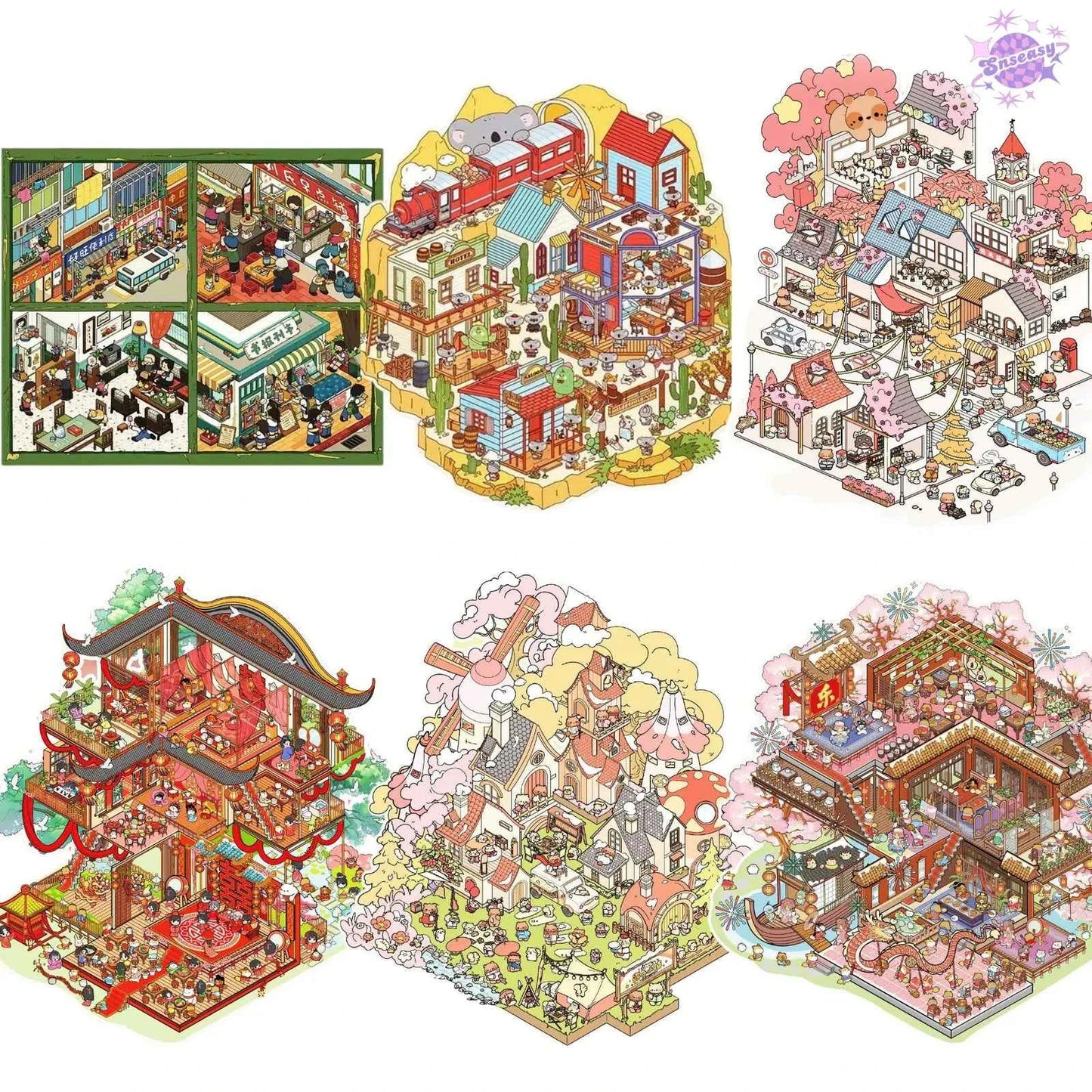 Plus Millennium Series – 3D Miniature Sticker Scenes - 6 Theme Sets: Millennium Era | Western Town | Miracle Commercial Street | Ge Ge Wedding | Ge Ge Garden Party | Forest Camping