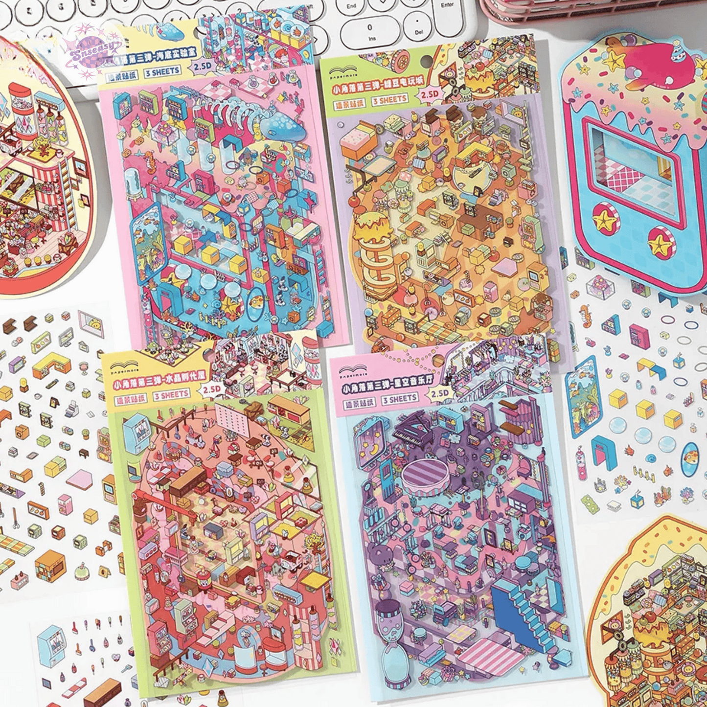 Fantasy Arcade โ Flip-Open Design 3D Sticker Set โ 4 Theme Scenes: Undersea Lab | Candy Game Center | Starry Music Hall | Crystal Gem Collector's Room