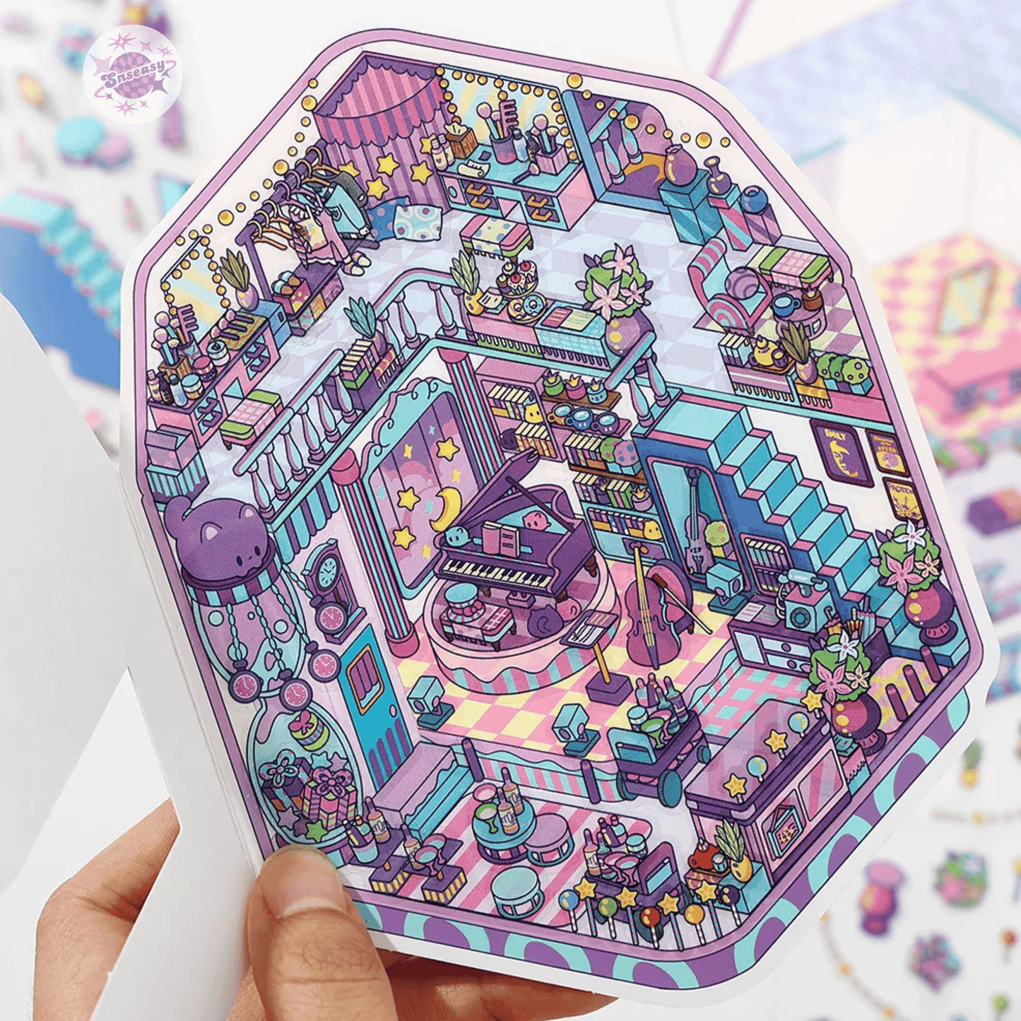 Fantasy Arcade โ Flip-Open Design 3D Sticker Set โ 4 Theme Scenes: Undersea Lab | Candy Game Center | Starry Music Hall | Crystal Gem Collector's Room