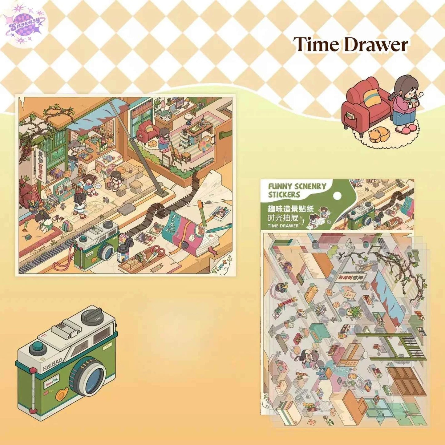Courtyard Life – 3D Miniature Sticker Scenes - 6 Theme Sets: Snake Blessing | Cliffside Shelter | Japanese Town | Mediterranean Summer | Time Drawer | Courtyard Life