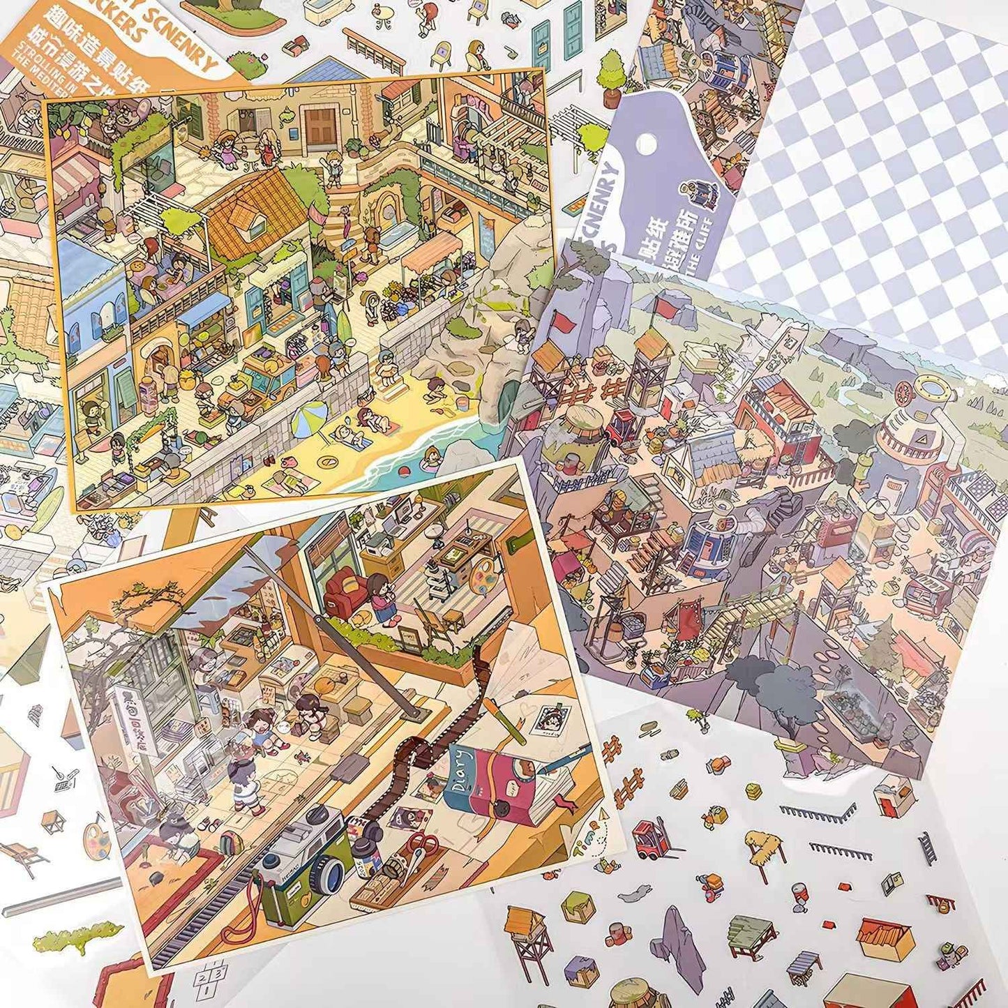 Courtyard Life – 3D Miniature Sticker Scenes - 6 Theme Sets: Snake Blessing | Cliffside Shelter | Japanese Town | Mediterranean Summer | Time Drawer | Courtyard Life