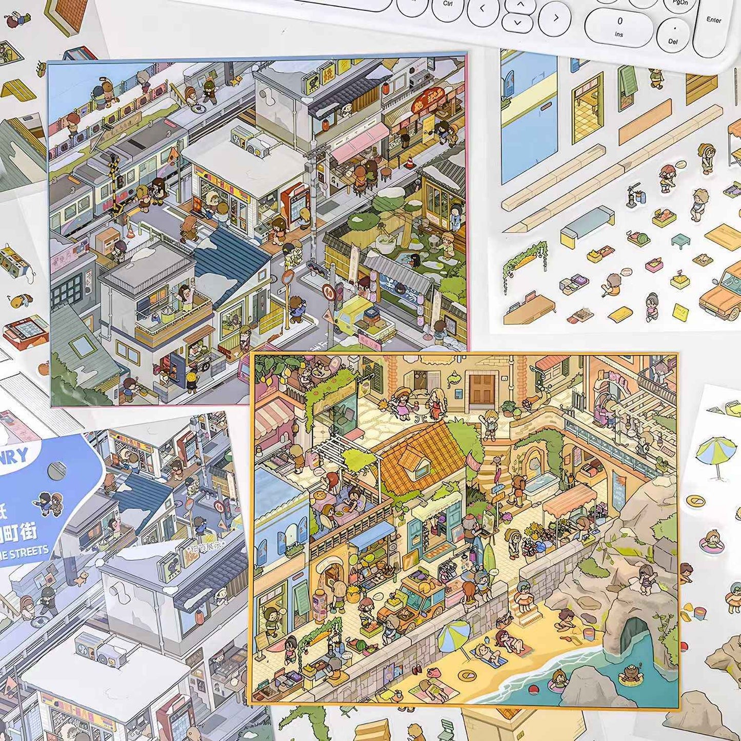 Courtyard Life – 3D Miniature Sticker Scenes - 6 Theme Sets: Snake Blessing | Cliffside Shelter | Japanese Town | Mediterranean Summer | Time Drawer | Courtyard Life