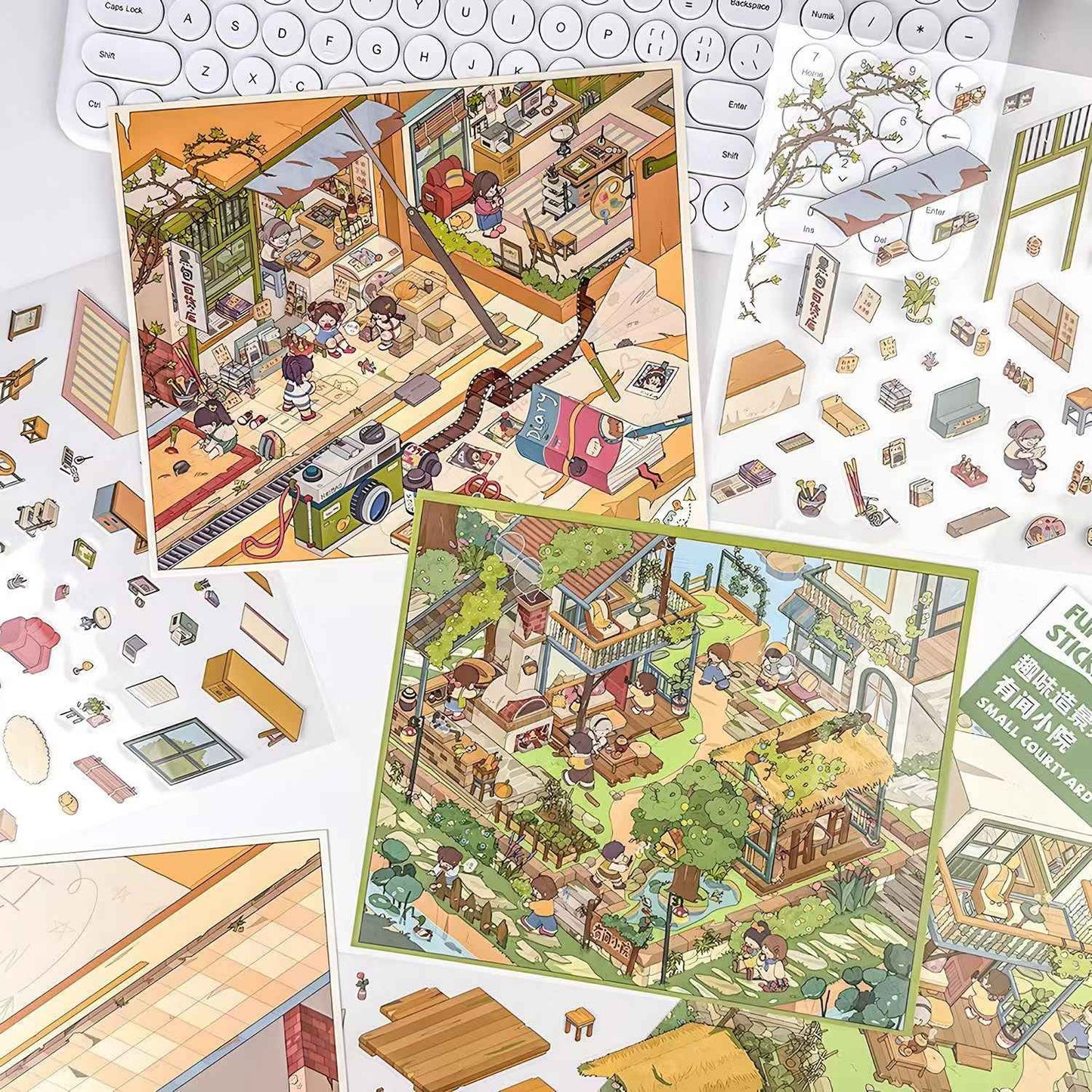 Courtyard Life – 3D Miniature Sticker Scenes - 6 Theme Sets: Snake Blessing | Cliffside Shelter | Japanese Town | Mediterranean Summer | Time Drawer | Courtyard Life