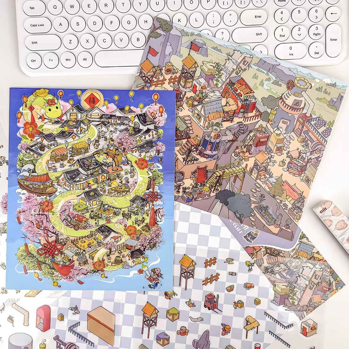 Courtyard Life – 3D Miniature Sticker Scenes - 6 Theme Sets: Snake Blessing | Cliffside Shelter | Japanese Town | Mediterranean Summer | Time Drawer | Courtyard Life