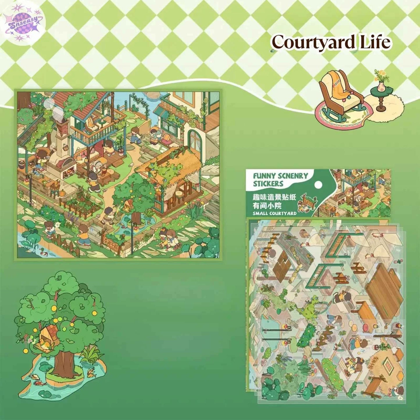 Courtyard Life – 3D Miniature Sticker Scenes - 6 Theme Sets: Snake Blessing | Cliffside Shelter | Japanese Town | Mediterranean Summer | Time Drawer | Courtyard Life