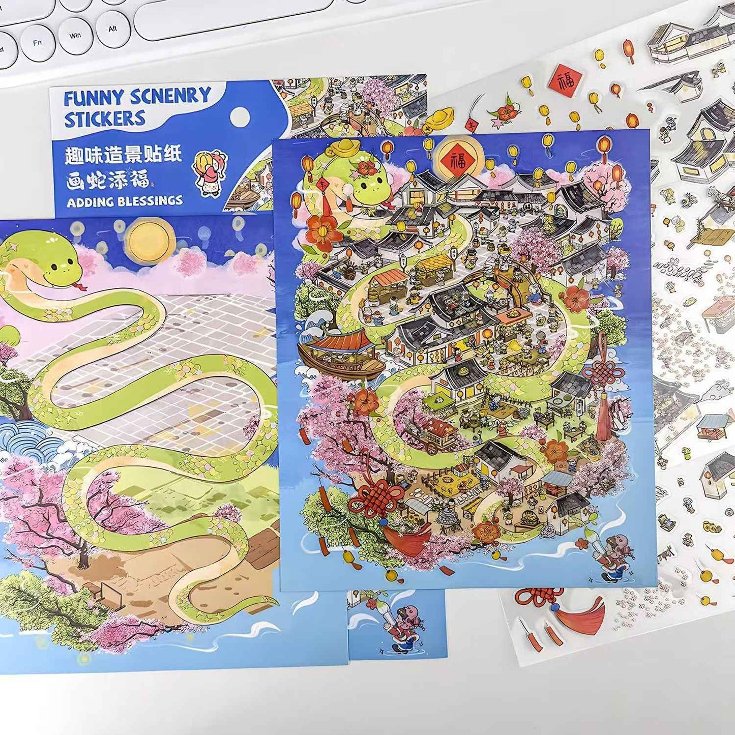 Courtyard Life – 3D Miniature Sticker Scenes - 6 Theme Sets: Snake Blessing | Cliffside Shelter | Japanese Town | Mediterranean Summer | Time Drawer | Courtyard Life