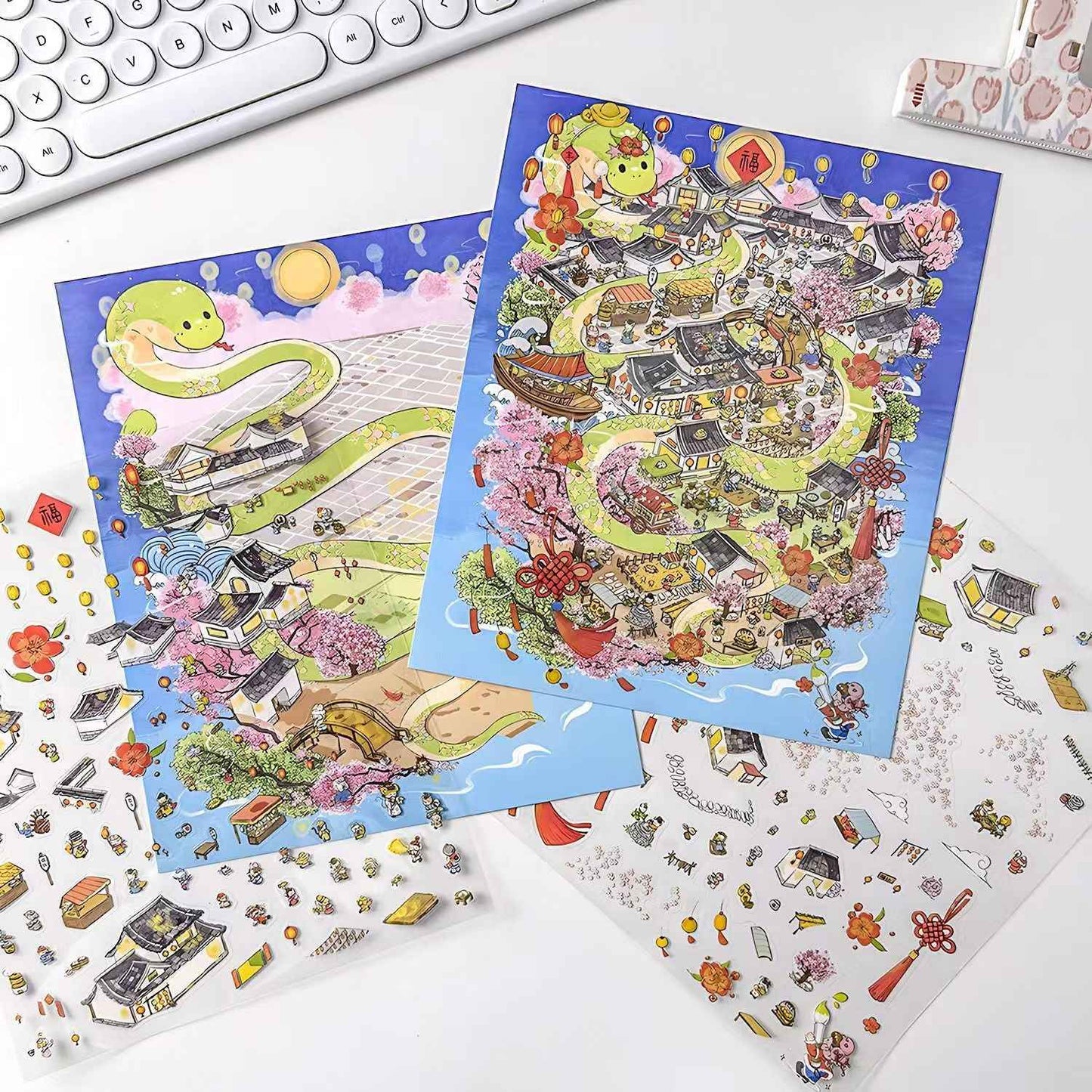 Courtyard Life – 3D Miniature Sticker Scenes - 6 Theme Sets: Snake Blessing | Cliffside Shelter | Japanese Town | Mediterranean Summer | Time Drawer | Courtyard Life