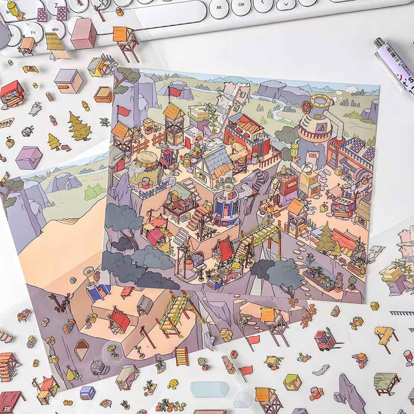 Courtyard Life – 3D Miniature Sticker Scenes - 6 Theme Sets: Snake Blessing | Cliffside Shelter | Japanese Town | Mediterranean Summer | Time Drawer | Courtyard Life