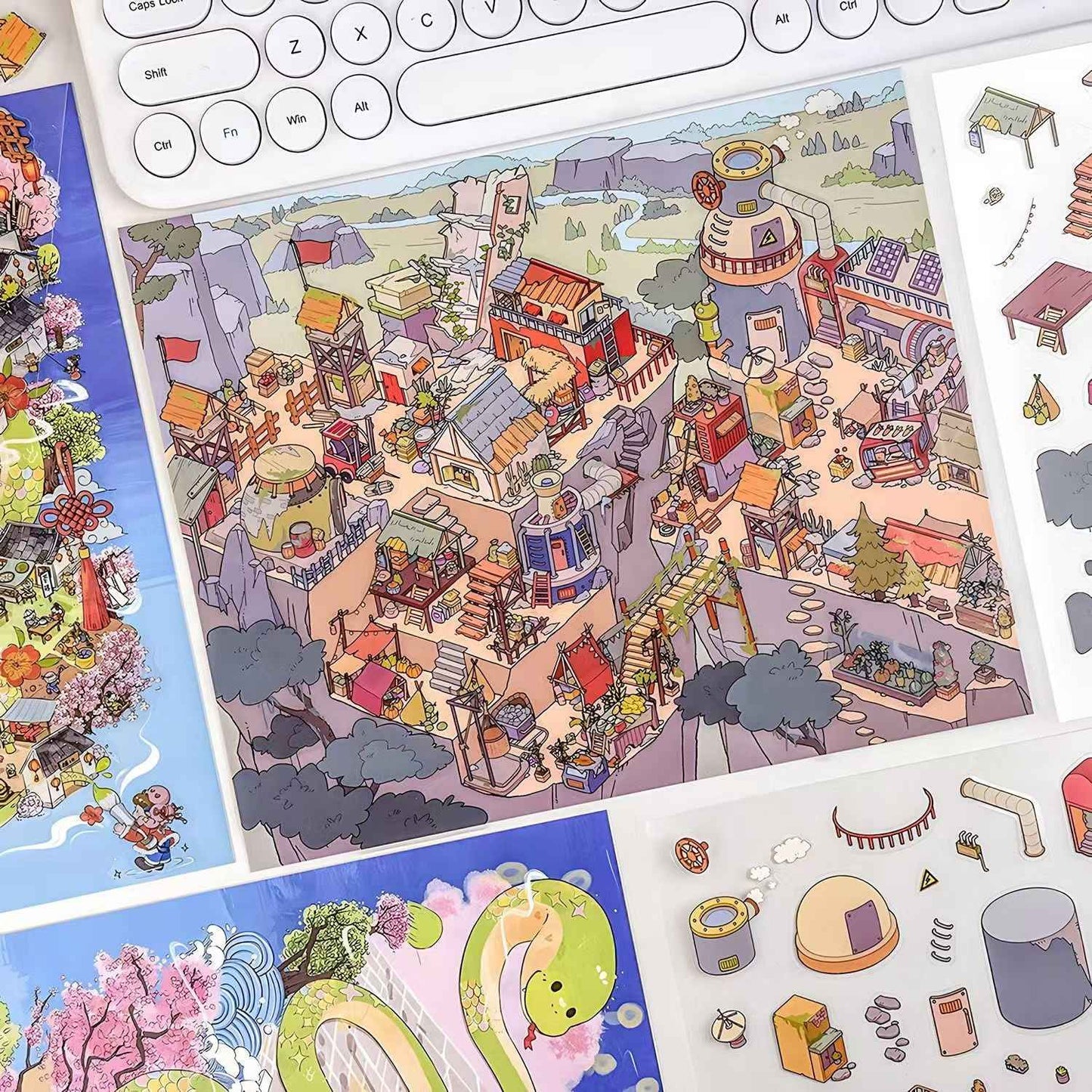 Courtyard Life – 3D Miniature Sticker Scenes - 6 Theme Sets: Snake Blessing | Cliffside Shelter | Japanese Town | Mediterranean Summer | Time Drawer | Courtyard Life