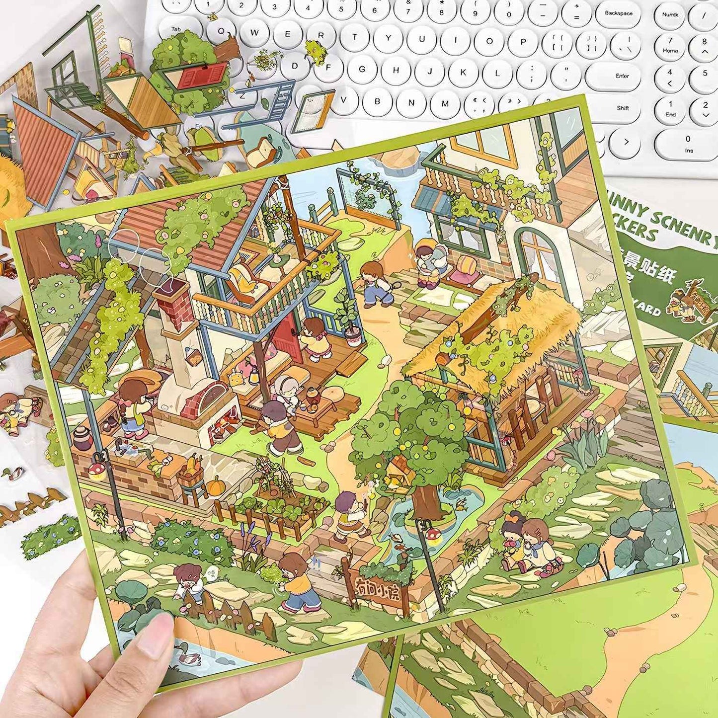 Courtyard Life – 3D Miniature Sticker Scenes - 6 Theme Sets: Snake Blessing | Cliffside Shelter | Japanese Town | Mediterranean Summer | Time Drawer | Courtyard Life