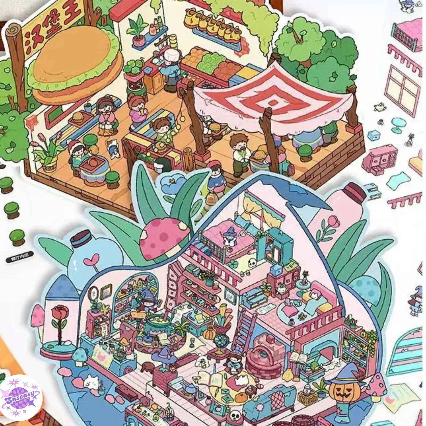 Plus Burger King & Witch House – 3D Miniature Sticker Scenes - 2 Theme Sets: Burger King | Witch House