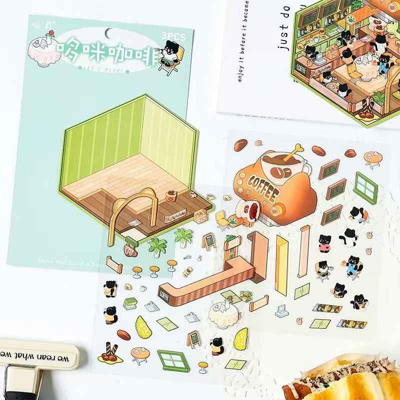 Cute Black Cat – 3D Miniature Sticker Scenes - 4 Theme Sets: Black Cat Café | Black Cat Dessert | Black Cat Chocolate | Black Cat Bakery