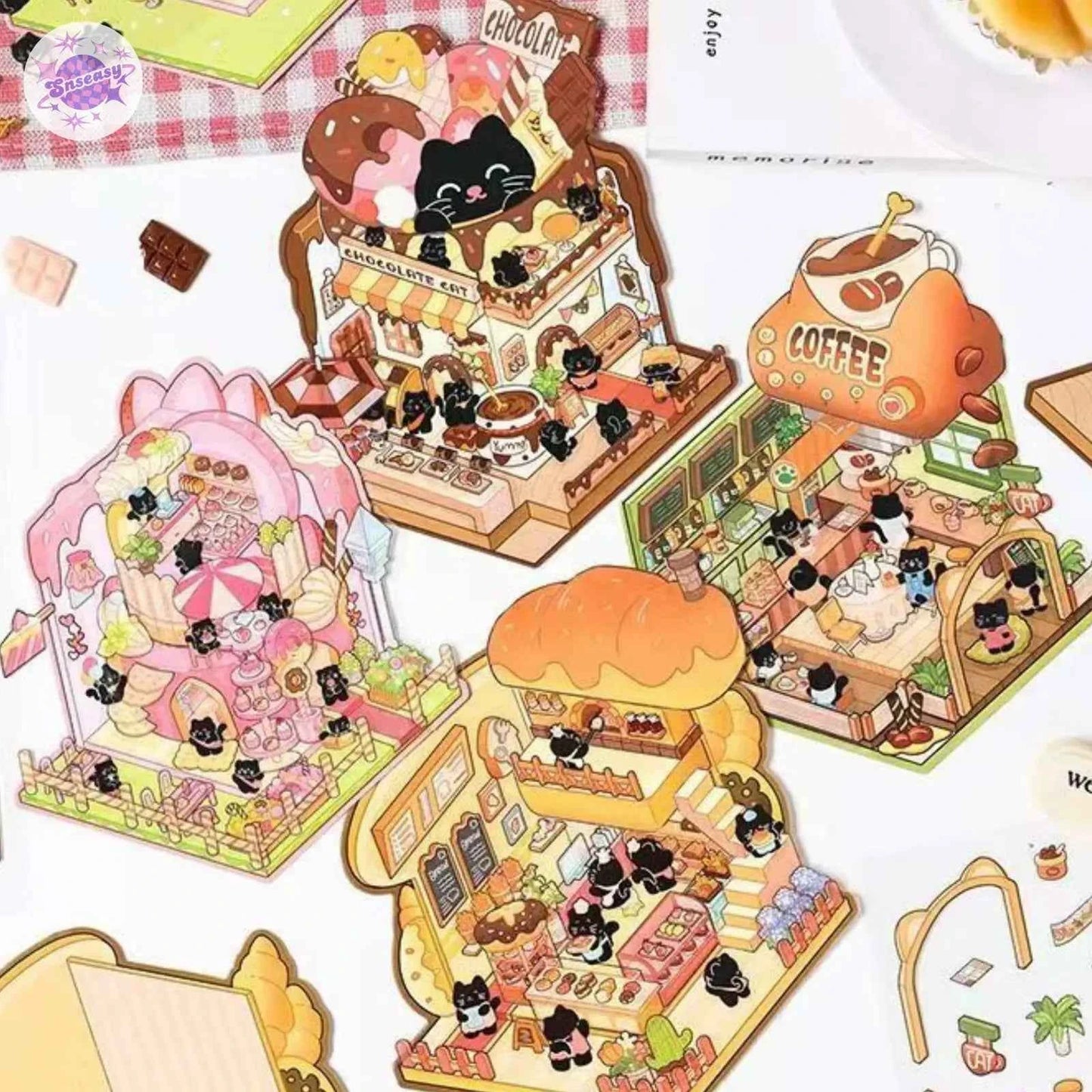 Cute Black Cat – 3D Miniature Sticker Scenes - 4 Theme Sets: Black Cat Café | Black Cat Dessert | Black Cat Chocolate | Black Cat Bakery
