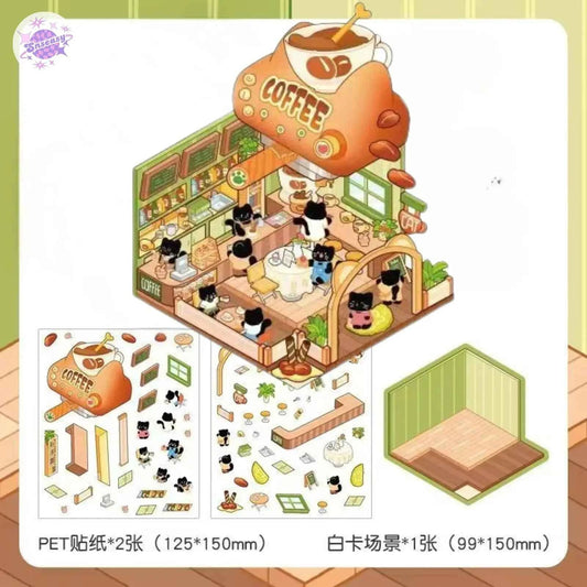 Cute Black Cat – 3D Miniature Sticker Scenes - 4 Theme Sets: Black Cat Café | Black Cat Dessert | Black Cat Chocolate | Black Cat Bakery