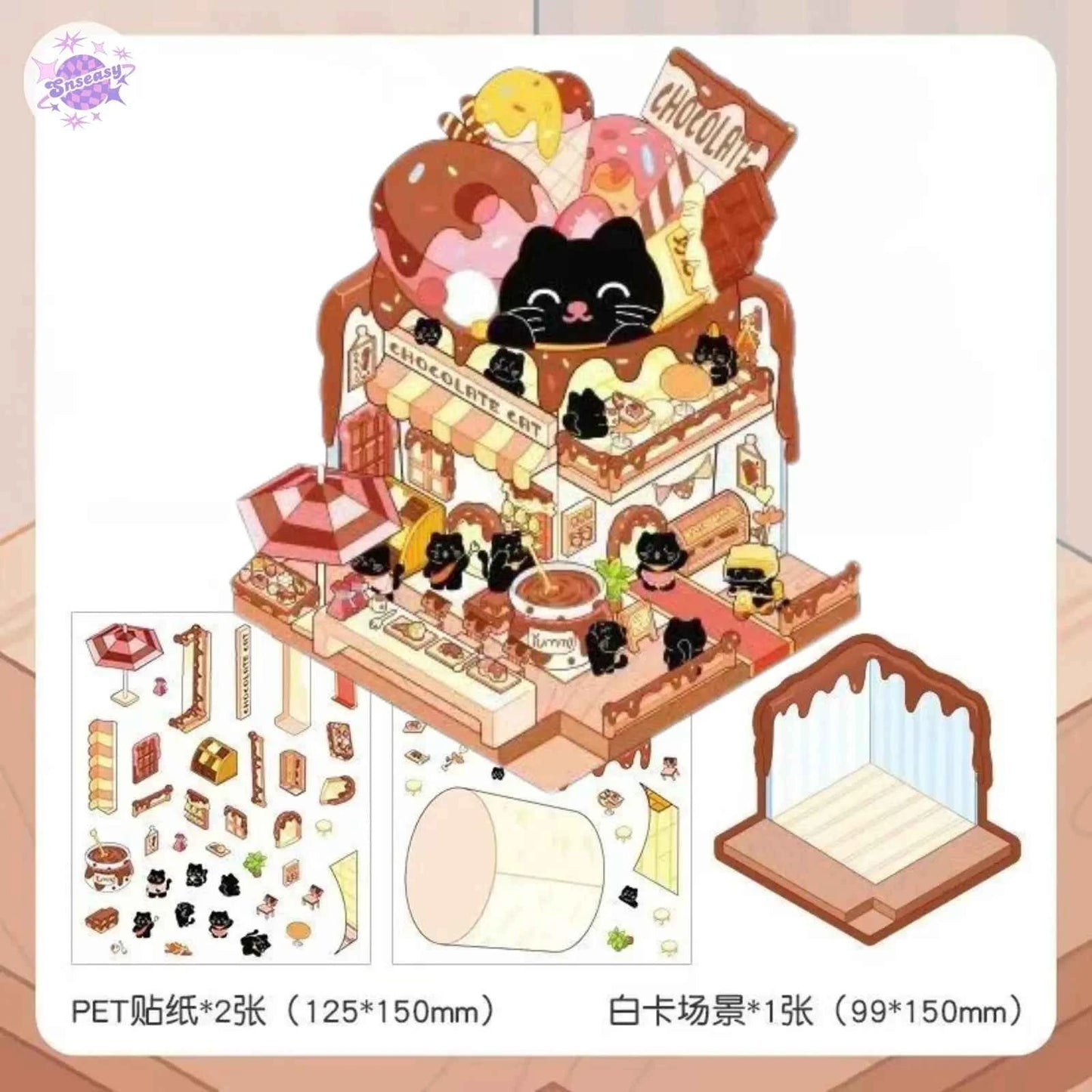 Cute Black Cat – 3D Miniature Sticker Scenes - 4 Theme Sets: Black Cat Café | Black Cat Dessert | Black Cat Chocolate | Black Cat Bakery