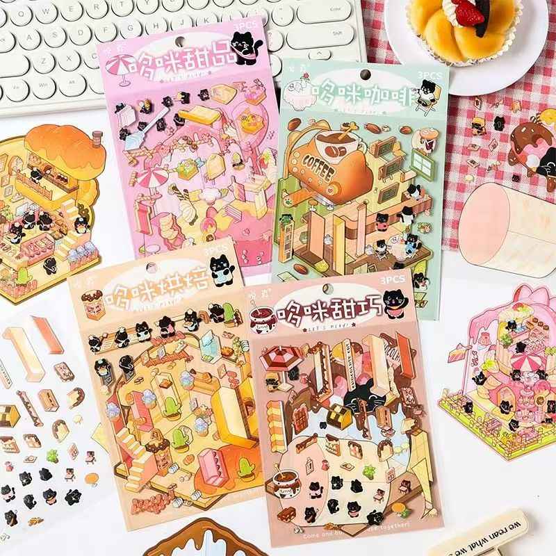Cute Black Cat – 3D Miniature Sticker Scenes - 4 Theme Sets: Black Cat Café | Black Cat Dessert | Black Cat Chocolate | Black Cat Bakery