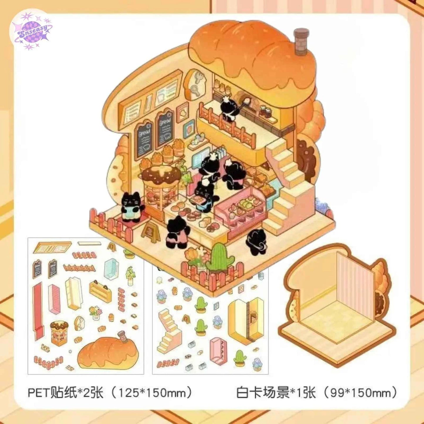 Cute Black Cat – 3D Miniature Sticker Scenes - 4 Theme Sets: Black Cat Café | Black Cat Dessert | Black Cat Chocolate | Black Cat Bakery