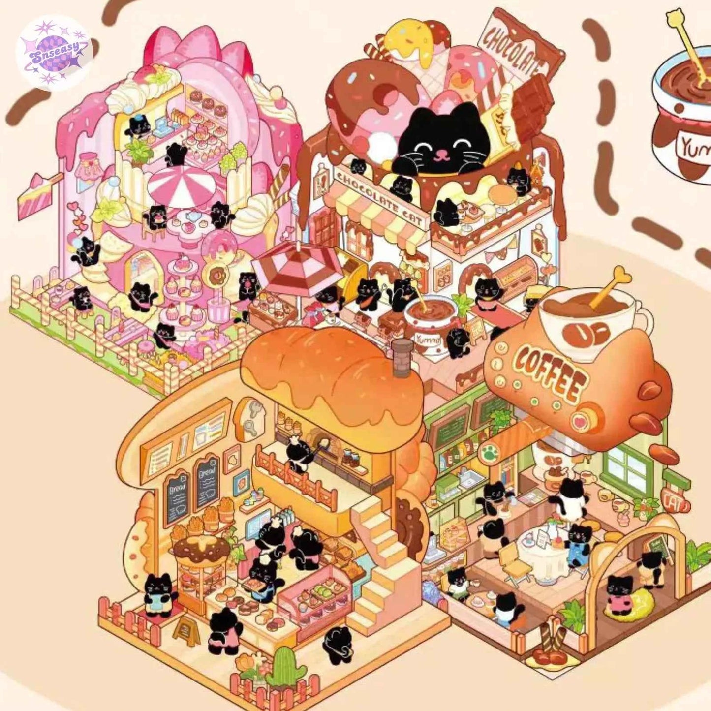 Cute Black Cat – 3D Miniature Sticker Scenes - 4 Theme Sets: Black Cat Café | Black Cat Dessert | Black Cat Chocolate | Black Cat Bakery