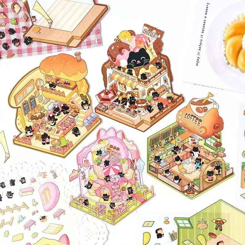 Cute Black Cat – 3D Miniature Sticker Scenes - 4 Theme Sets: Black Cat Café | Black Cat Dessert | Black Cat Chocolate | Black Cat Bakery