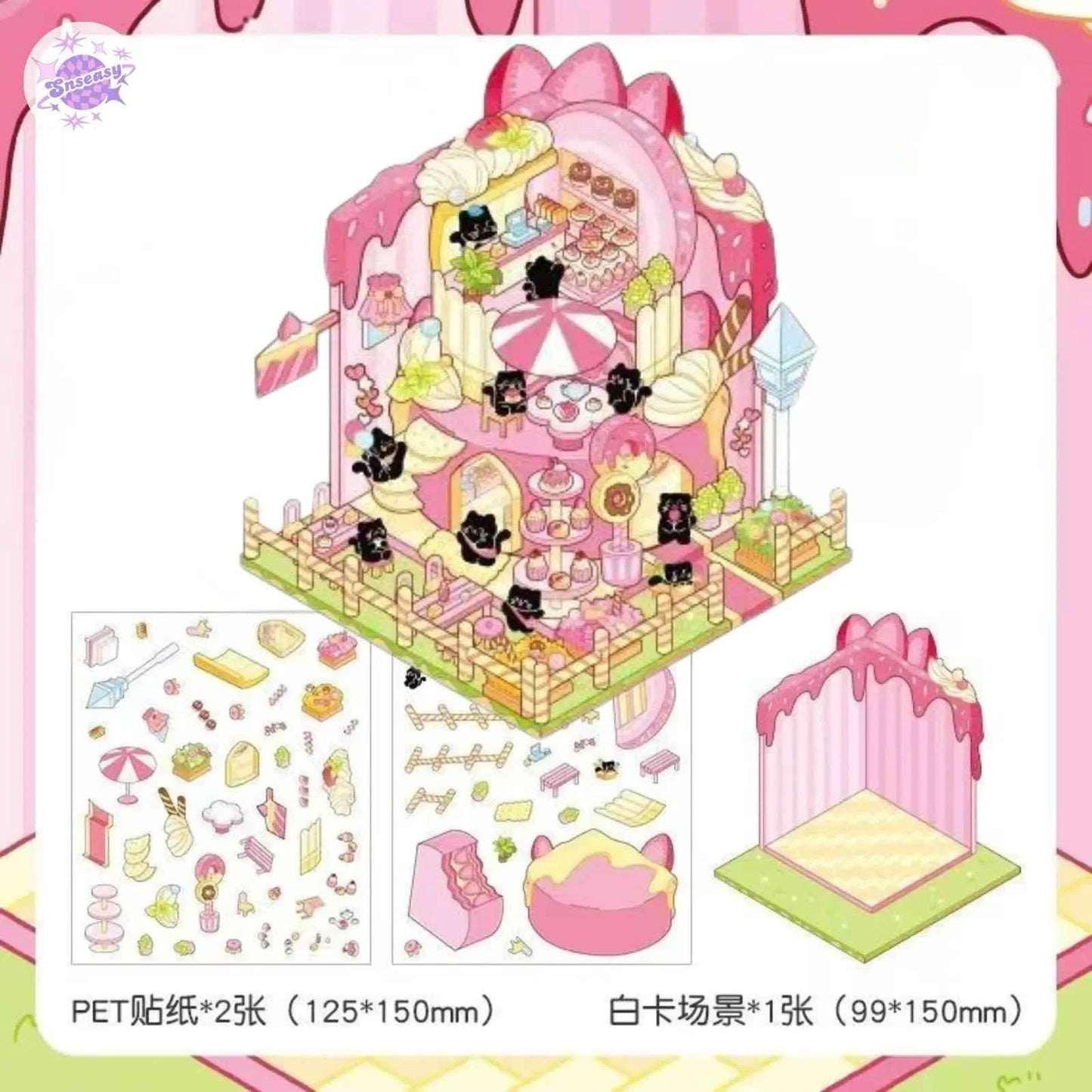 Cute Black Cat – 3D Miniature Sticker Scenes - 4 Theme Sets: Black Cat Café | Black Cat Dessert | Black Cat Chocolate | Black Cat Bakery