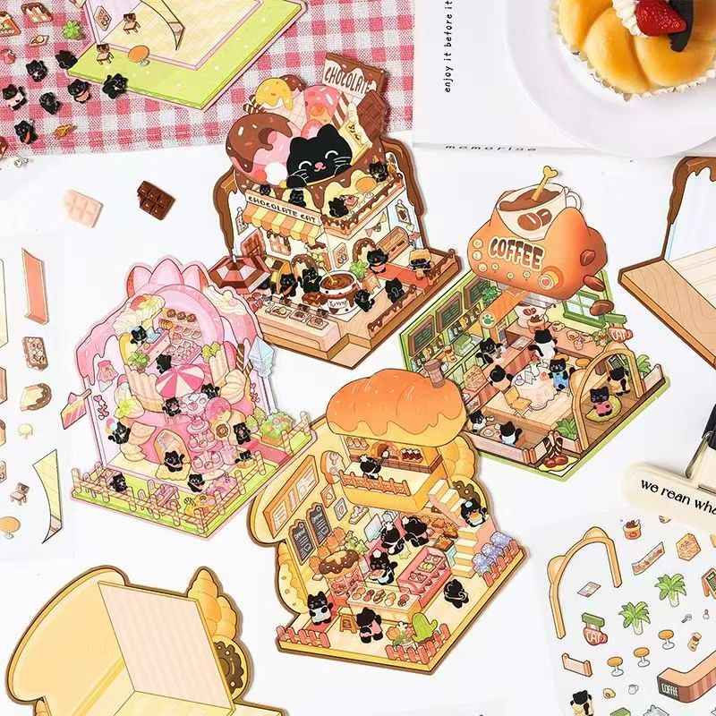 Cute Black Cat – 3D Miniature Sticker Scenes - 4 Theme Sets: Black Cat Café | Black Cat Dessert | Black Cat Chocolate | Black Cat Bakery